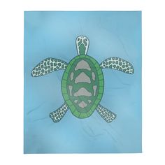 a painting of a green turtle on a blue background