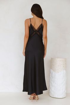 Length from bust to hem of size S: 126cm. Chest: 40cm, Waist: 38cm, across front only of size S. Maxi dress. Lined, unlined lace panels. Model is a standard XS and is wearing size XS. True to size. Non-stretch. V-neck. Lace details, unlined. Zipper.  Cold hand wash only. Polyester. An ultra-romantic style! The Ultimate Love Satin Slip Maxi Dress features a silky satin design, lace panels and a straight flowy silhouette that we're in love with. Style with heels and curls for all the likes. Satin Design, First Day Outfit, Slip Maxi Dress, Satin Noir, Bridal Shower Dress, Maxi Dress Black, Shower Dresses, Maxi Dress Wedding, Long Sleeve Lace Dress