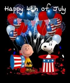 a happy fourth of july greeting card with balloons and a cartoon character holding a flag