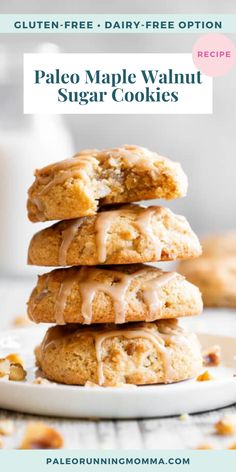 a stack of pale maple walnut sugar cookies on a white plate with a glass of milk in the background