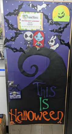 this is an image of a door decorated with halloween decorations and words that read, this is halloween