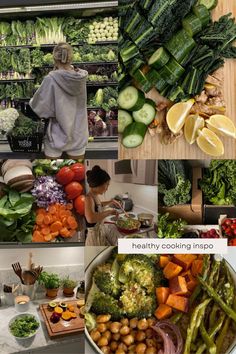 a collage of photos with vegetables and people in the background