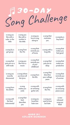 a pink poster with the words 30 - day song challenge