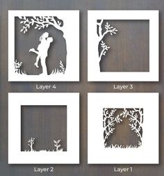 four different cut outs with the silhouettes of people and trees