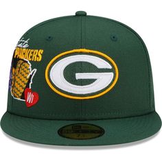 Express your love for the Green Bay Packers with this City Cluster 59FIFTY hat. Designed by New Era, it features a bold team logo with a unique postcard-like outline of the team's state on the front right panels. This cap ensures a secure fit as you rep your Green Bay Packers in style. Brand: New Era Contrast-color undervisor Embroidered graphics with raised details Fitted Flat bill with ability to curve High Crown Imported Material: 100% Polyester Officially licensed Six panels with eyelets Str Green Baseball Cap For Fan Gear, Green Sports Event Hat, One Size Fits Most, Green Sports Hat, One Size Fits Most, Green Cap For Game Day, Green Hat With Embroidered Logo For Sports Events, Unique Postcards, 59fifty Hats, Nfl Green Bay, Green Bay Packers