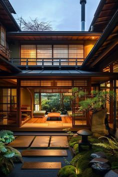 the inside of a house that is lit up with lights and moss growing on the ground