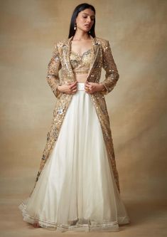 Kisneel By Pam Mehta-Gold Ivory Sequin Jacket And Lehenga Set-INDIASPOPUP.COM Luxury Semi-stitched Party Wear Lehenga, Luxury Semi-stitched Party Wear Choli, Luxury Party Wear Lehenga For Party Season, Luxury Traditional Wear In Gold With Sequins, Luxury Sequined Traditional Wear For Festive Occasions, Luxury Gold Traditional Wear For Designer Occasions, Luxury Elegant Traditional Wear With Sequins, Luxury Cutdana Outerwear For Wedding, Luxury Gold Traditional Wear With Self Design