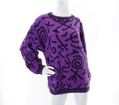 "Vintage Esprit Sport sweater with an abstract design in purple and black. Care tag absent; knit feels like an acrylic wool blend. Estimated era: late 1980s to 1990s.  Condition is far from perfect. There is moderate to heavy fabric wear / fuzziness, and there have been a few small repairs. As-is. Please see photos. Sweater has been cleaned and is ready to wear.  Size tag is absent. While it measures like a 2XL, Esprit Sport sweaters were usually oversized. This may have been made a size large. Sport Sweater, Big Sweaters, 80s Outfit, Purple Sweater, Lounge Dress, Purple Outfits, Pullover Sweater Women, Knitted Pullover, Women Pullover