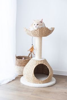 a cat sitting on top of a scratching tower