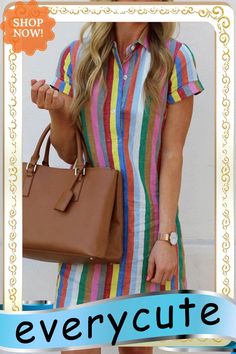 Rainbow A-line Shirt Dress Casual Multicolor Shirt Dress For Summer, Casual Multicolor Short Sleeve Shirt Dress, Spring A-line Shirt Dress, Multicolor Short Sleeve Chic Shirt Dress, Casual Multicolor Dresses With Buttons, Chic Multicolor Short Sleeve Shirt Dress, Casual Multicolor Buttoned Dresses, Casual Multicolor Button-up Dress, Casual Multicolor Shirt Dress For Day Out