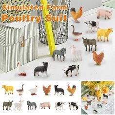 an assortment of farm animals are shown in this collage with the words, simulated farm poultry suit