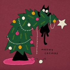 a black cat sitting on top of a christmas tree next to a pink wallpaper