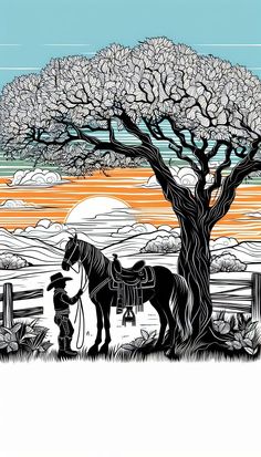 a drawing of a man standing next to a horse under a tree