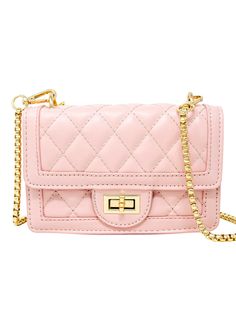 A classic style pink quilted handbag made for kids. 7" l x 2.5" w x 4.5" h Elegant Pink Quilted Shoulder Bag, Elegant Quilted Pink Bag, Chic Pink Quilted Shoulder Bag, Trendy Pink Quilted Bag, Pink Quilted Rectangular Shoulder Bag, Pink Quilted Bag For Gift, Pink Quilted Shoulder Bag For Daily Use, Quilted Rectangular Bag For Gifts, Quilted Rectangular Bag For Gift