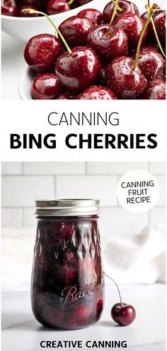 a jar filled with cherries sitting on top of a table next to a bowl full of cherries