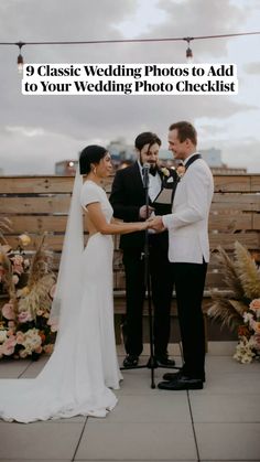 a bride and groom exchanging their wedding vows with the words 9 classic wedding photos to add to your wedding photo checklist