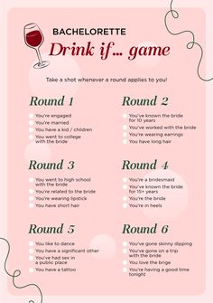 a pink poster with the words bachelor drink if game