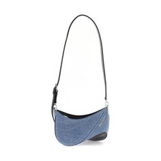 The small Denim Spiral Curve 01 shoulder bag by Mugler is made of pure cotton denim, with smooth leather details and bottom. It features a spiral shape with rounded edges, imitating the cut-outs typical of the brand's clothing. The bag has a zip closure, a microfiber suede interior with a leather card slot, metal lettering logo on the front, and an adjustable handle. The metallic accessories have a silver finish. Metallic Accessories, Metal Lettering, Marc Jacobs Handbag, Spiral Shape, Lettering Logo, Small Clutch, Metal Accessories, Denim Bag, Clutch Purse