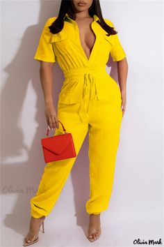 Olivia Mark - Mono verde para mujer con patchwork liso y cuello vuelto Cargo Pants Style, Yellow Jumpsuit, Collar Jumpsuit, Casual Cargo Pants, Jumpsuit Casual, Tie Women, Red Jumpsuit, Casual Jumpsuit, Turndown Collar