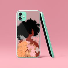 a phone case with an image of a woman and flowers on the back, against a pink background