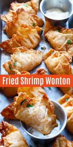 fried shrimp wontons on a tray with dipping sauce