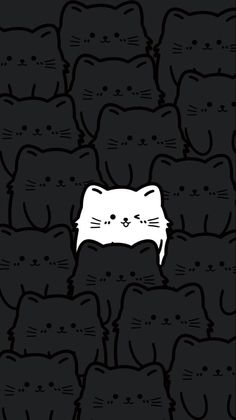 a white cat is in the middle of a crowd of black cats with their eyes closed