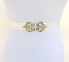 Ivory elastic waist belt with silver filigree clasp, available in regular and plus size by MissLaceAccessories on Etsy