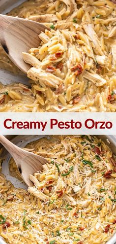 creamy pesto orzo pasta in a pan with wooden spoons