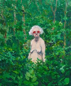 a painting of a naked woman in the woods with red sunglasses on her head and white hair