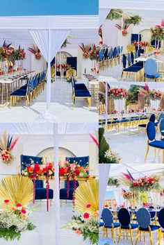 a collage of photos with chairs and tables set up for a formal function or wedding