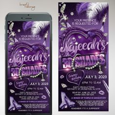 a phone with an advertisement on the screen for a special birthday party in purple tones