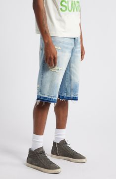 Well-faded nonstretch denim brings an old-favorite look and feel to shorts decorated with ocean-wave embroidery and relaxed with unrolled, threadbare hems. 14" inseam; 23" leg opening; 12 1/2" front rise; 16" back rise (size 32) Zip fly with button closure Five-pocket style 100% cotton Machine wash, line dry Imported Summer Washed Blue Rigid Denim Jeans, Washed Blue Rigid Denim Jeans For Summer, Faded Rigid Denim Bottoms For Summer, Relaxed Fit Washed Cotton Jean Shorts, Spring Recycled Denim Bottoms With Frayed Hem, Casual Medium Wash Shorts With Frayed Hem, Denim Blue Washed Relaxed Fit Shorts, Denim Blue Relaxed Fit Washed Shorts, Summer Washed Blue Rigid Denim Bottoms