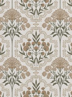 an image of a wallpaper with flowers and leaves in brown on white background stock photo