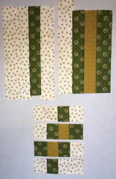 four pieces of green and white quilting laid out on top of each other,