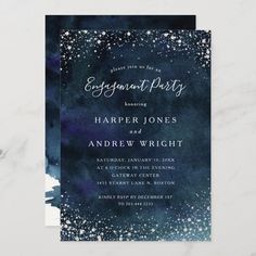 an elegant blue and white watercolor wedding card with the words, eric grey and jennifer roberts