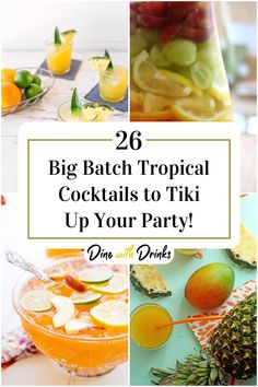 Collage of 4 big batch tropical cocktails. Luau Party Cocktails, Big Batch Tiki Cocktails, Batch Tiki Cocktails, Luau Cocktail Recipes, Big Batch Cocktails Summer, Party Cocktails Big Batch, Drink Dispenser Recipes, Tropical Cocktail Party, Tiki Drinks Recipes