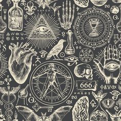 a black and white background with various symbols, such as hands, heart, eye, hand signs