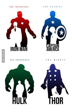 four different silhouettes of the avengers and captain america characters, each with their own name