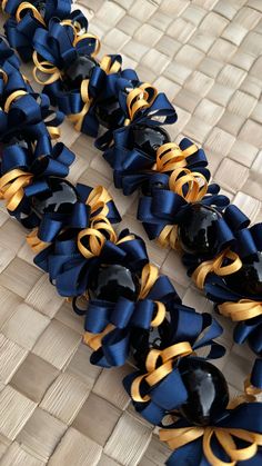 blue and gold ribbon on woven material