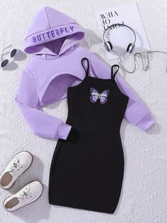 Tween Girl High Low Hem Hoodie & Butterfly Print Cami Dress Purple Casual    Butterfly  Slight Stretch  Tween Girls Clothing, size features are:Bust: ,Length: ,Sleeve Length: Quick Outfits, Cute Preppy Outfits, Easy Trendy Outfits, Tween Outfits