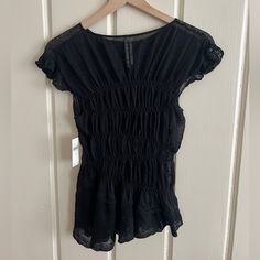 Never Worn Black Ruched Blouse For Summer, Black Summer Blouse For Layering, Black Ruched Blouse For Spring, Casual Evening Tops For Spring, Casual Black Evening Blouse, Casual Evening Blouse For Summer, Black Sheer Top, Black Top, Anthropologie