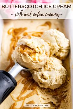 two scoops of butterscotch ice cream in a white container