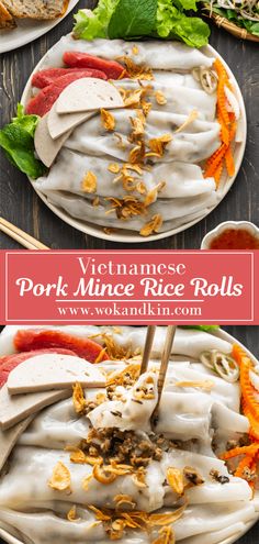 vietnamese pork mince rice rolls on a plate with chopsticks