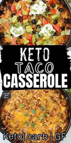 the keto taco casserole recipe is shown in two pans, one with