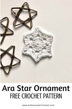 crochet star ornament with text overlay that reads, free crochet star ornament pattern