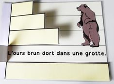 a sticker depicting a bear climbing the stairs with words written on it that read'ourss brun d'ort dans une grotte