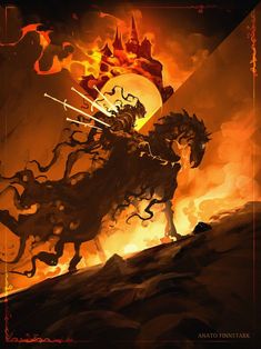 a man riding on the back of a horse next to a giant fire demon in front of a castle