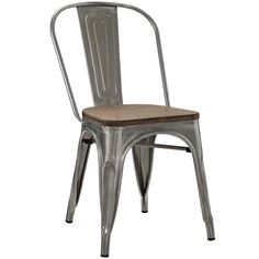 a metal chair with wood seat and back