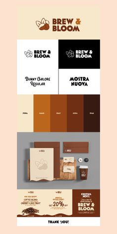 the brand identity and packaging design is shown in brown, white, and black colors