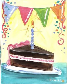 a painting of a birthday cake with a lit candle on it and streamers in the background